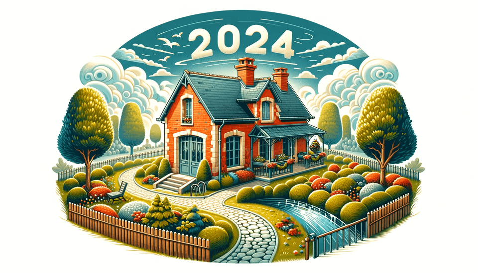 Une image de maison avec 2024 écrit dans le ciel pour illustrer les voeux pour 2024