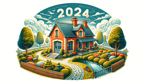 Une image de maison avec 2024 écrit dans le ciel pour illustrer les voeux pour 2024
